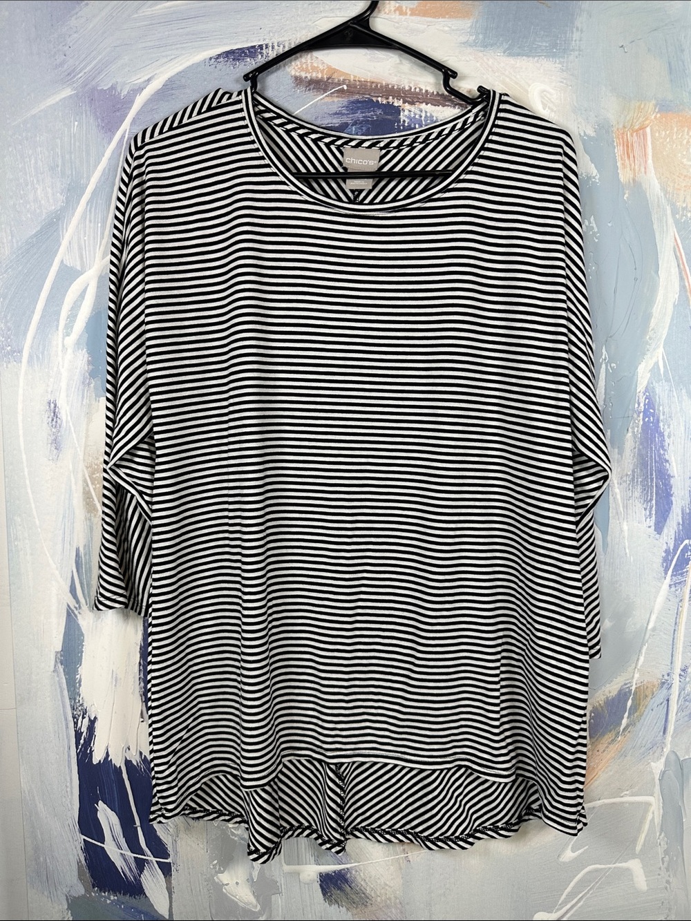 Chico’s Striped Dolman Sleeve Tunic Top Black White Relaxed Fit Stretch Size 1 M